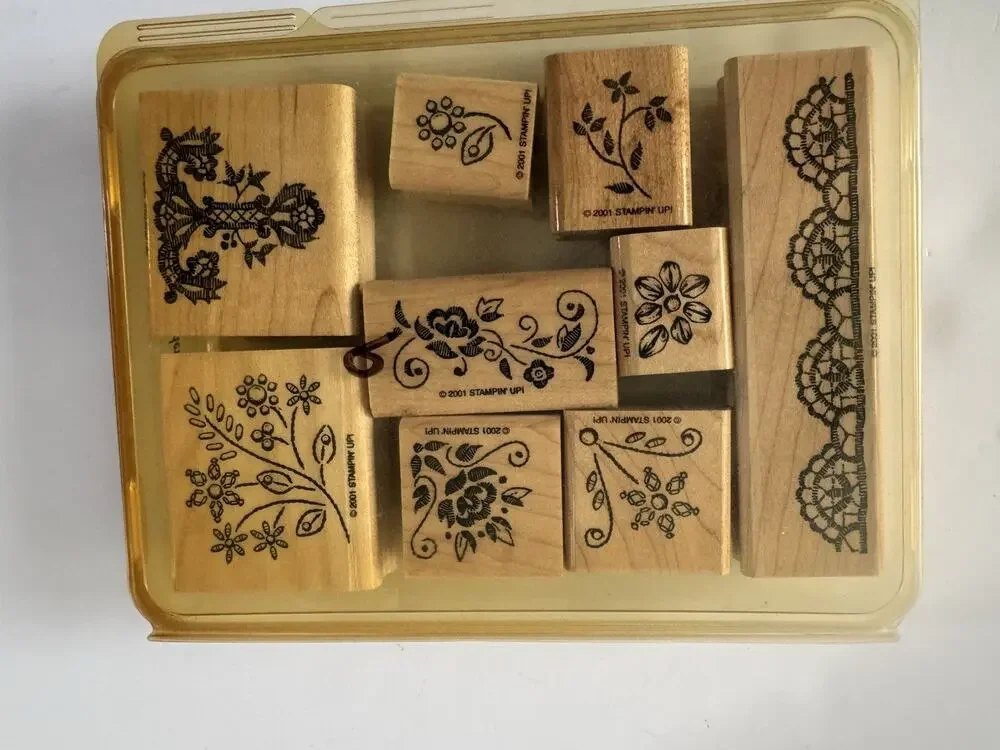 Stampin Up! 2001 Elegant Embroidery Rubber stamp Wood Vintage LOT #DR